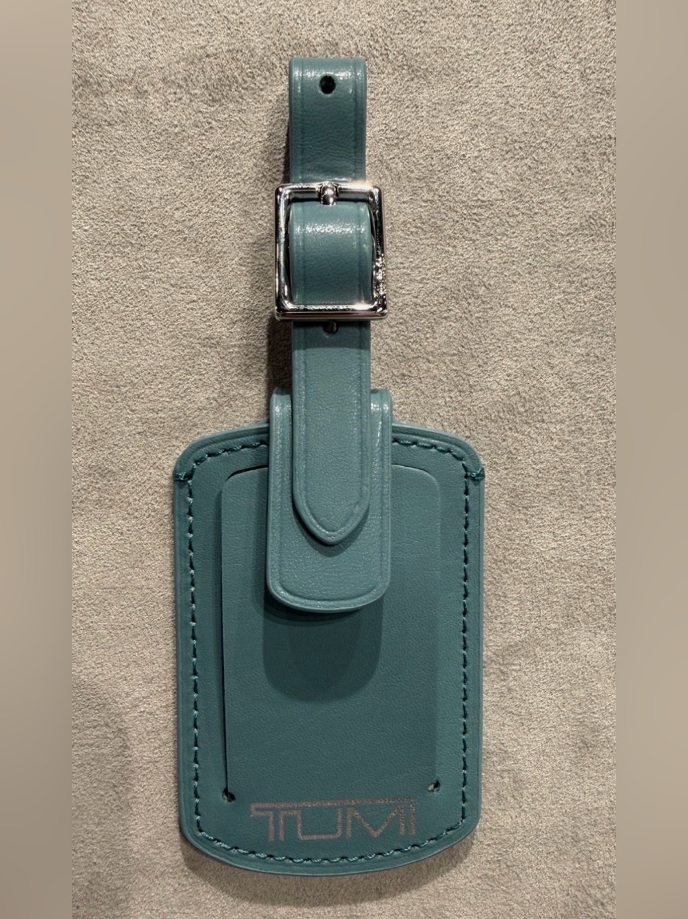 NEW Tumi 3.625” x 2.25” Leather Luggage Name Tag w/ Buckle - TEAL